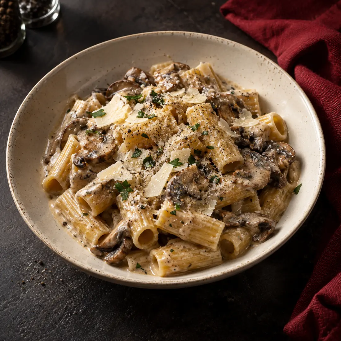 Kremalı mantar soslu, parmesanlı rigatoni makarna