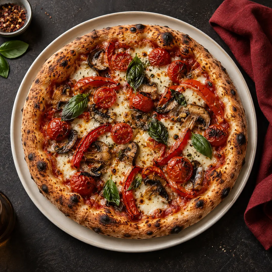 Mozzarella, mantar, köz biber ve fesleğenli pizza