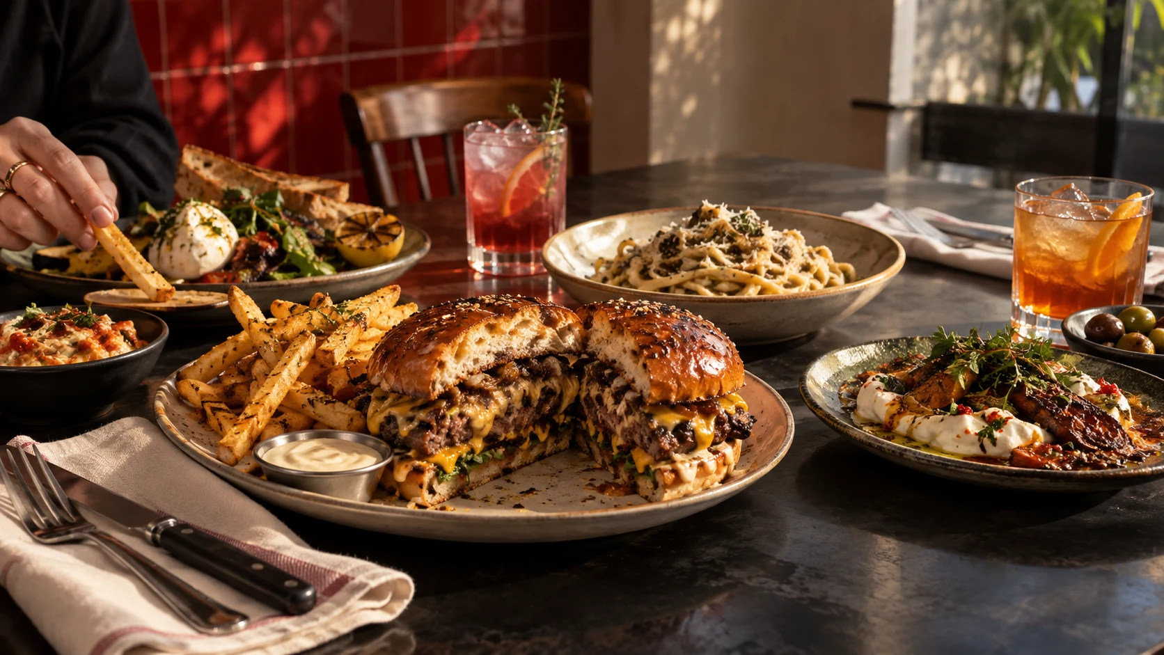 Burger, patates, makarna ve paylaşım tabaklarıyla dolu Urban masası